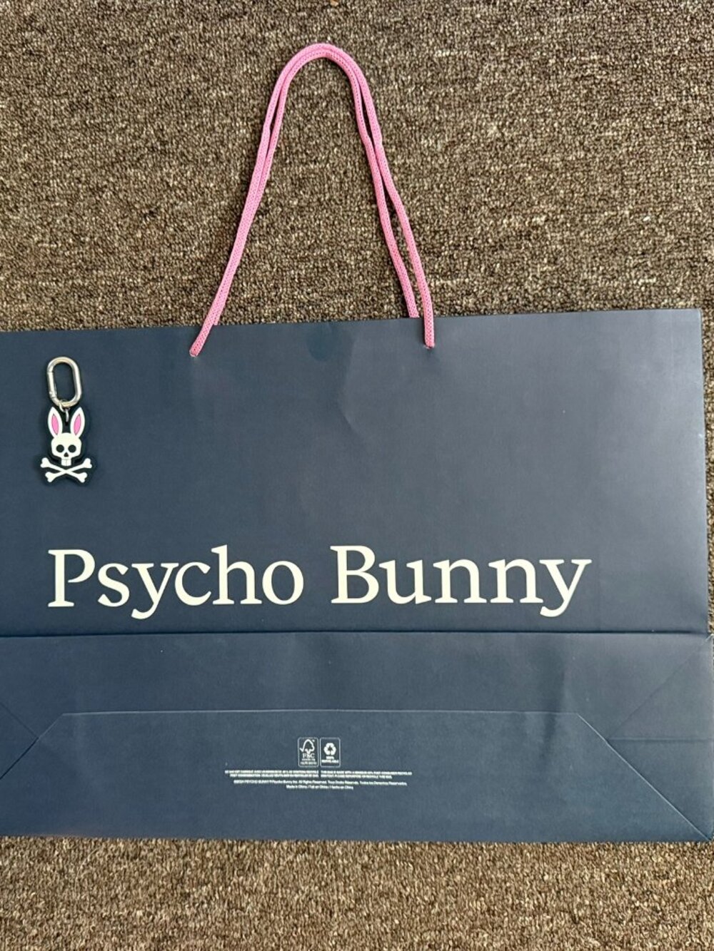 NEW Psycho Bunny Large Black Paper Shopping Bag w/ Pink Handles & FREE Keychain!